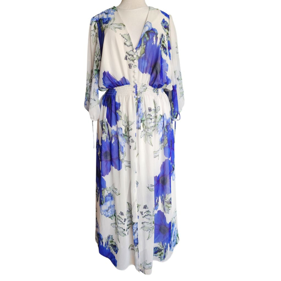 Taylor Plus 20W Floral Chiffon Midi Dress Blue Purple Sheer Overlay Smocked - Picture 3 of 16